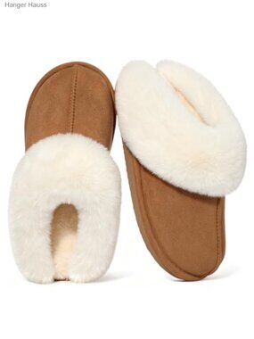 Faux Suede Memory Foam Slippers with Faux Fur Collar